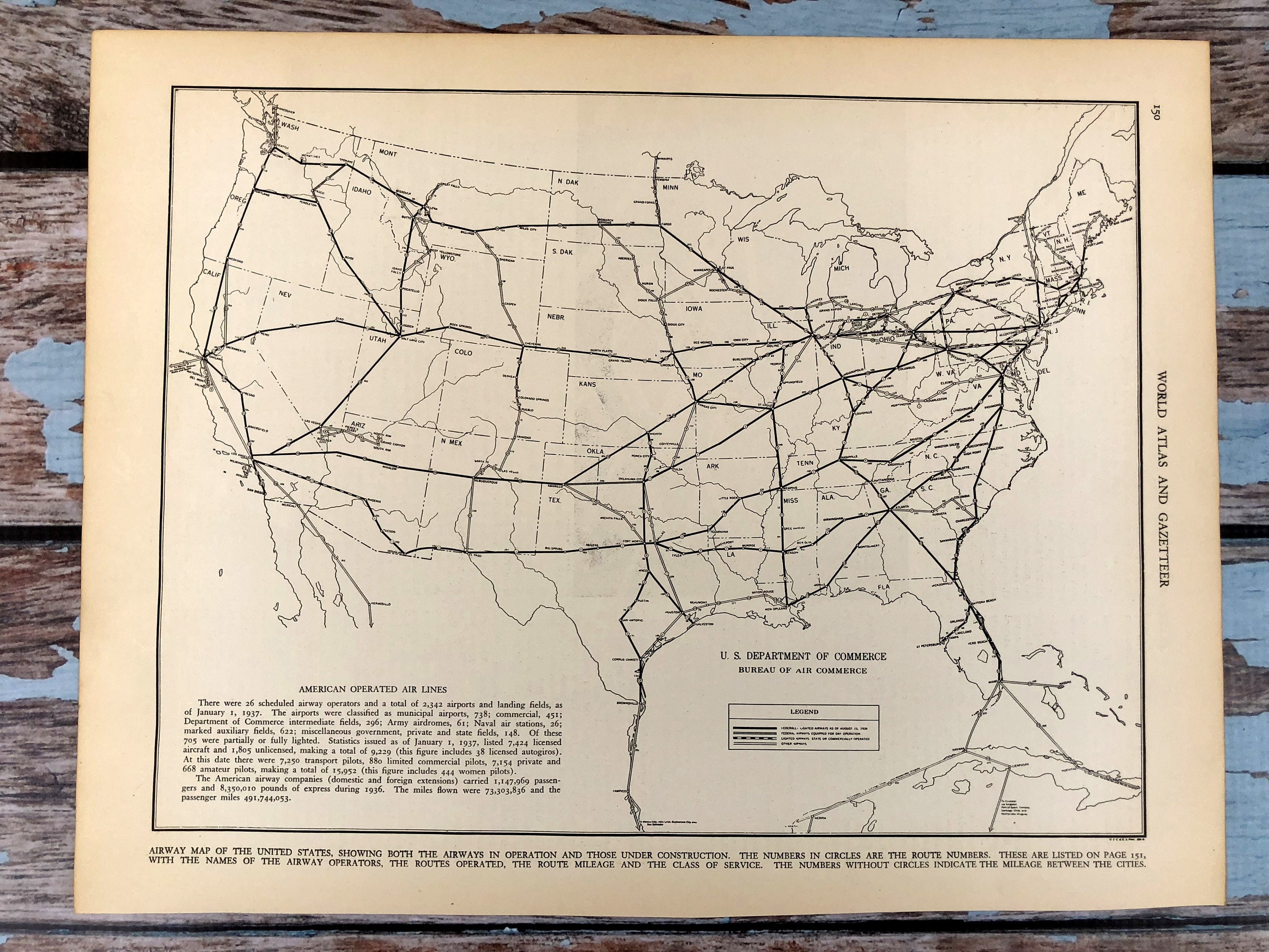 1937 Air Plane Map. American Operated Airline Routes. Historical