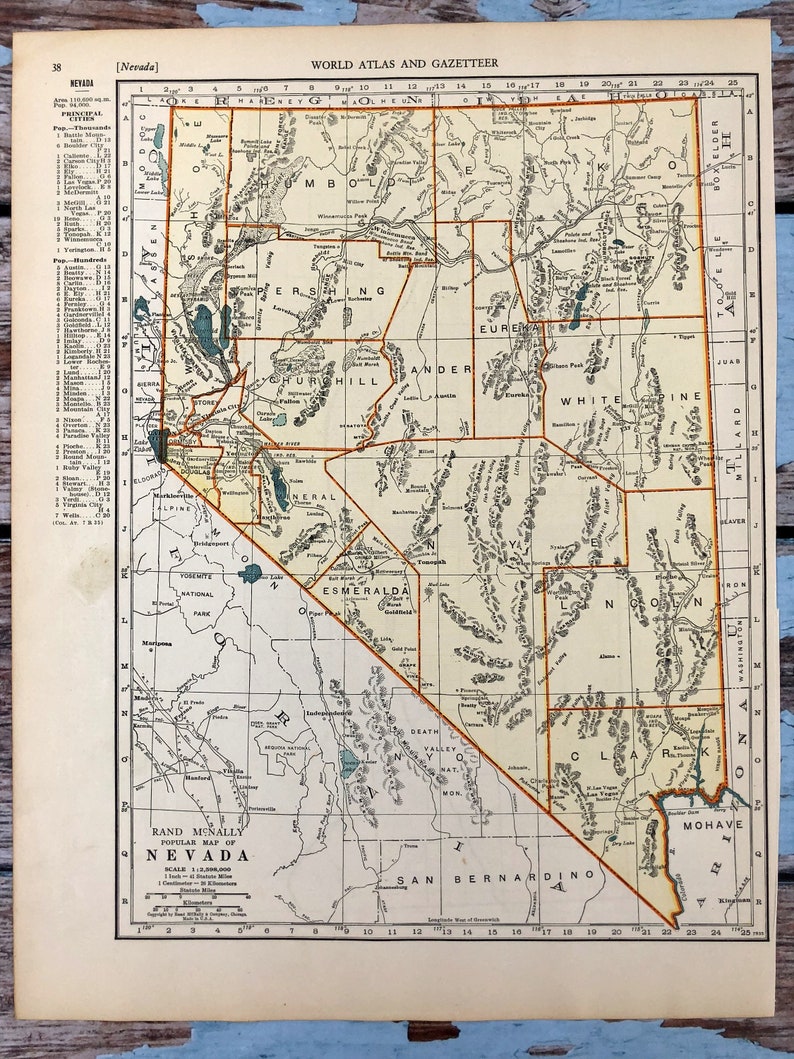1937 Nevada Antique Map. Old State Map of Nevada. Historical Etsy