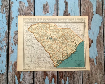 1937 South Carolina Antique Map. Old State Map, Historical Print, Lithograph for Framing. Beautiful 87 Year Old Map to Frame.