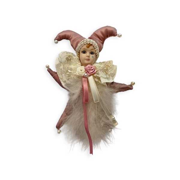 Vintage Brinn Harlequin Ornament Doll with Real Feathers and Faux Pearls.