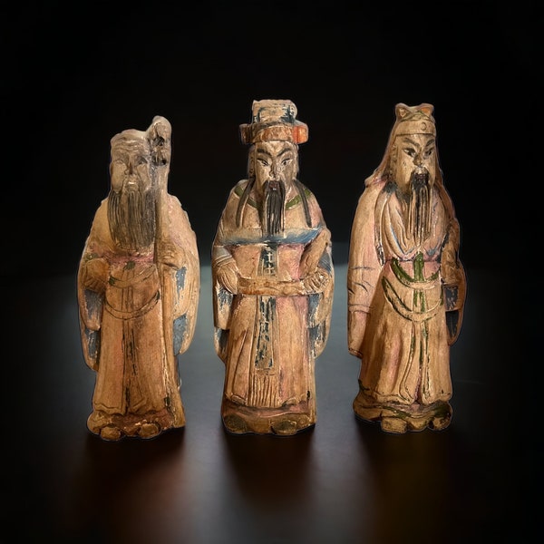 Antique Hand Carved Wise Men Wooden Statues. 3 Immortals Fuk Luk Sau Hand Painted Pastels Chinese Deities Scholars Feng Shui