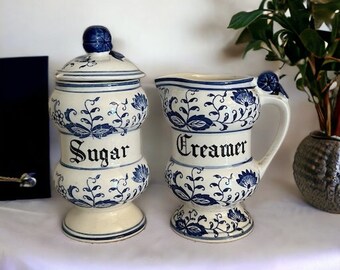 Vintage Blue Onion Creamer and Sugar Set. 1960's Kitchen. Blue & White Country Cottage Core Delft Like