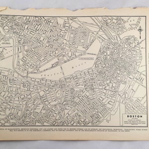Antique Map of Boston. Boston City Map. 1937 Historical Print, Lithograph Framing. Old 88 Year Old Map to Frame. Massachusetts City Map.