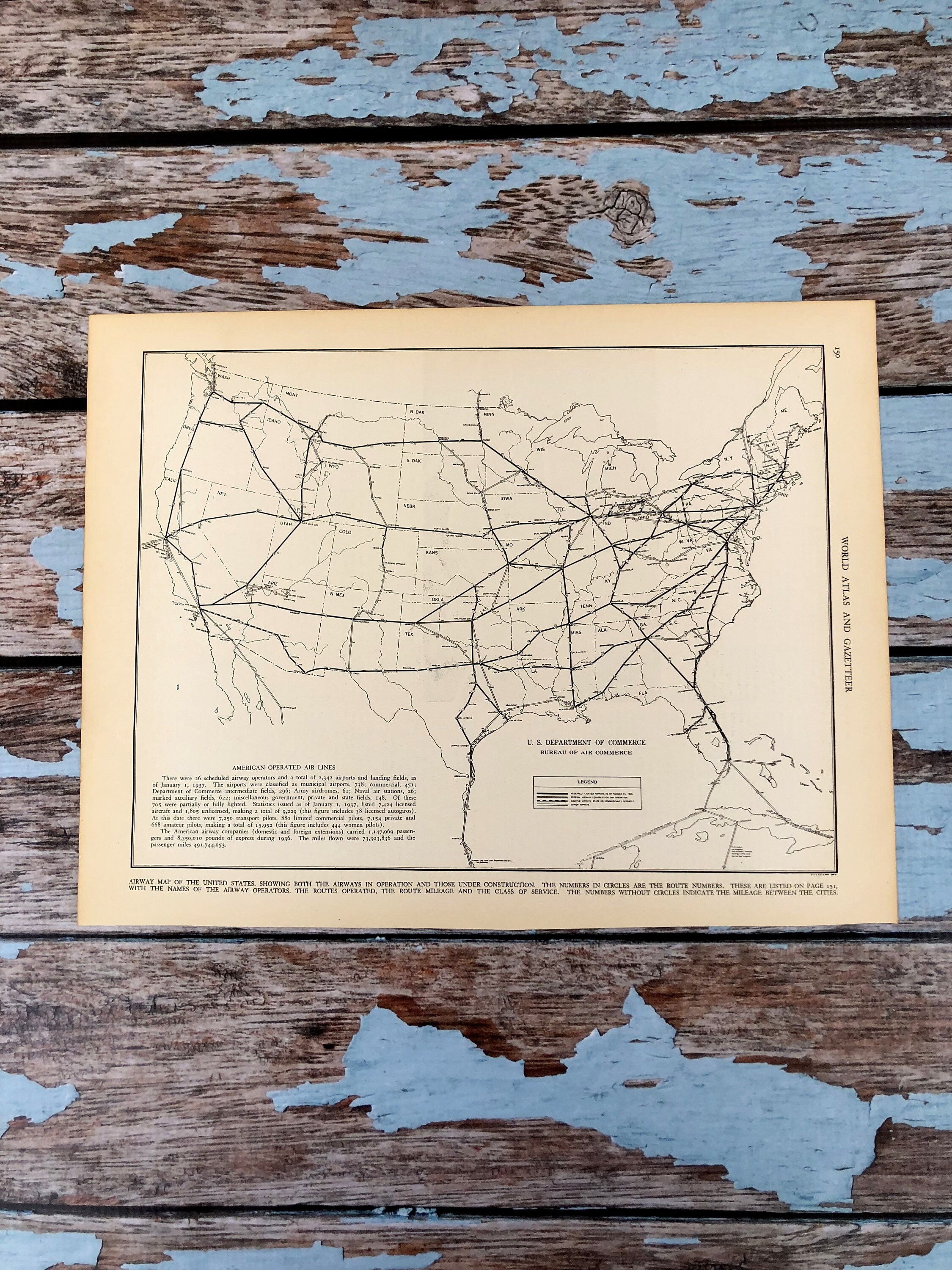 Airline Route Antique Map. C1937. 89 Year-old Historical Print