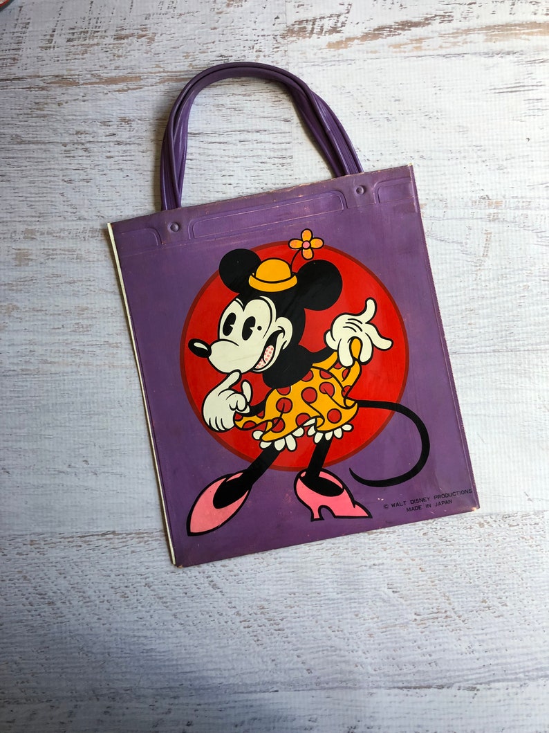Vintage Mickey /& Minnie Tote Bag Purple Bag w Handles. 1970s Vinyl Bag Featuring Walt Disney Characters Minnie Mouse and Mickey Mouse