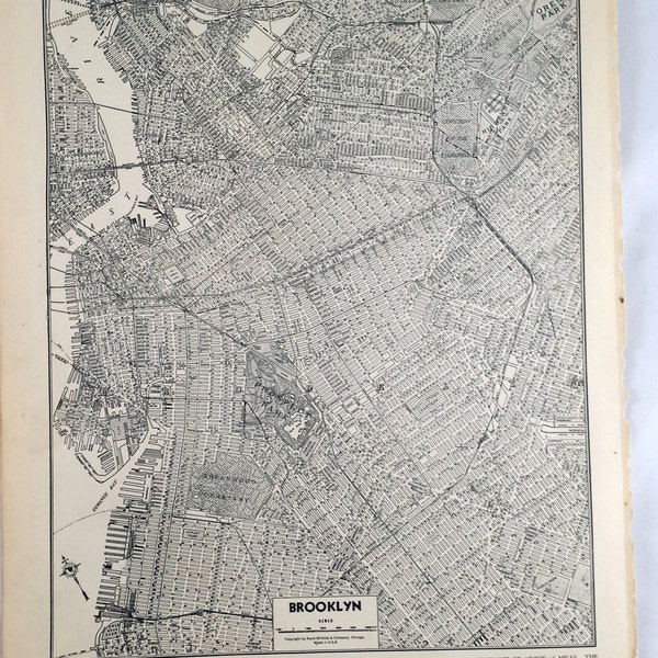 Carte antique de Brooklyn.  Carte de Brooklyn de New York City. Imprimer historique de NYC 1943, lithographie de cadrage. Âgé de 72 ans, carte