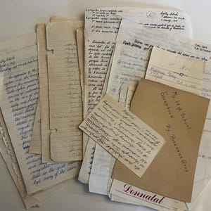 25 pages manuscrites vintage, recettes, école, éphémères. Fourniture de journal de scrapbooking. Recyclage, artisanat
