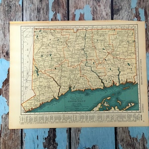 1937 Connecticut antieke kaart. Oude staatskaart. Historische prent, lithografie om in te lijsten. Prachtige 81 jaar oude kaart op lijst. Reiscadeau,