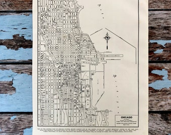 Antique Map of Chicago. City Map. 1937 Historical Print, Lithograph for Framing. 80 Year Old Chicago Illinois Street Map to Frame