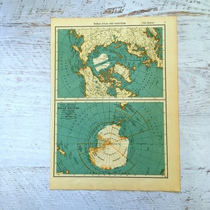 Mapa antiguo de los polos norte y sur de 1937. Impresión histórica de un mapa antiguo de la Antártida de 83 años. Litografía antigua para enmarcar. Papá Noel del Polo Norte