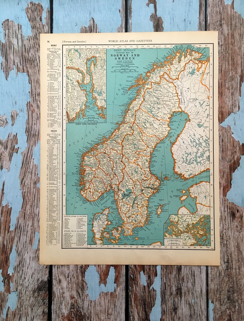 1937 Norway & Sweden Antique Map. Old Map of Scandinavia. Historical Print Lithograph for Framing. Beautiful 81 Yr Old Map to Frame Standard