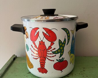 4-Pc Mid-Century Enamelware San Ignacio 2QT Nantucket Style Lobster, Fish Shrimp Steam Stock Pot.