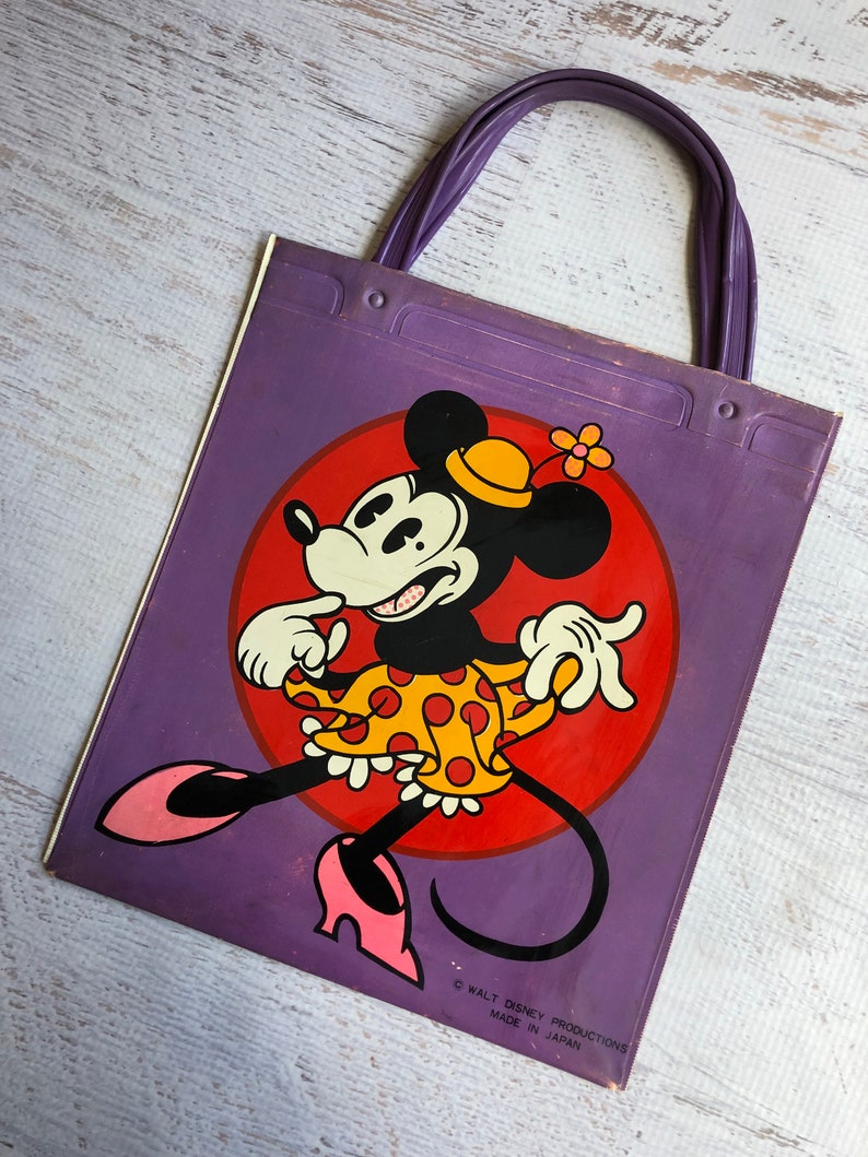 Vintage Mickey /& Minnie Tote Bag Purple Bag w Handles. 1970s Vinyl Bag Featuring Walt Disney Characters Minnie Mouse and Mickey Mouse