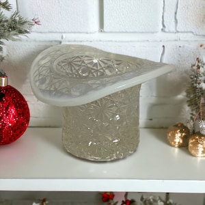 Vintage Fenton Daisy and Button Top Hat. Clear Opalescent Glass with White Rim. 3.5&quot; x 5.5&quot; x 5&quot; Art Glass Toothpick Holder Dish Milk Glass