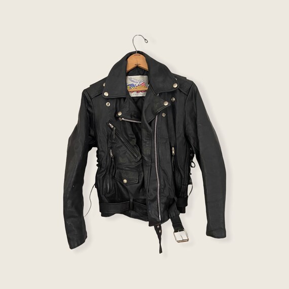 Vintage Excelled Leather Biker Jacket. S/M . Genuine Leather. Black with Cinch Waist. Made in USA. Military Bomber Jacket. Womens Sizing