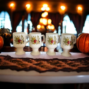 4 Mushroom| Spice of Life | Milk Glass Mugs by Corning. 1970s Vintage Footed Coffee Mug Set