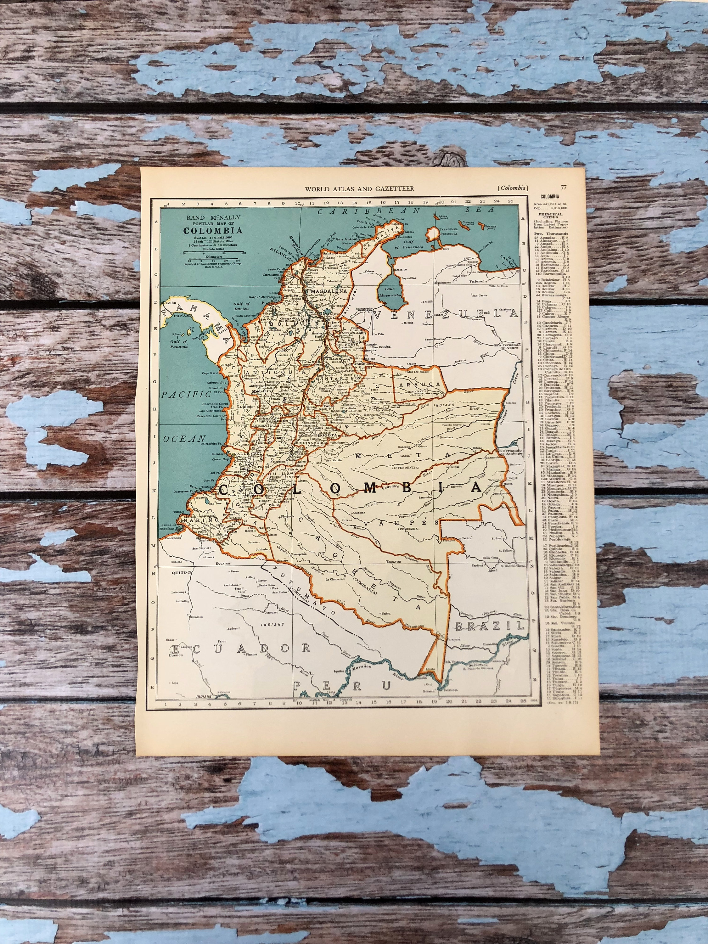 1937 Colombia Antique Map. Old Map Colombia. Historical Print
