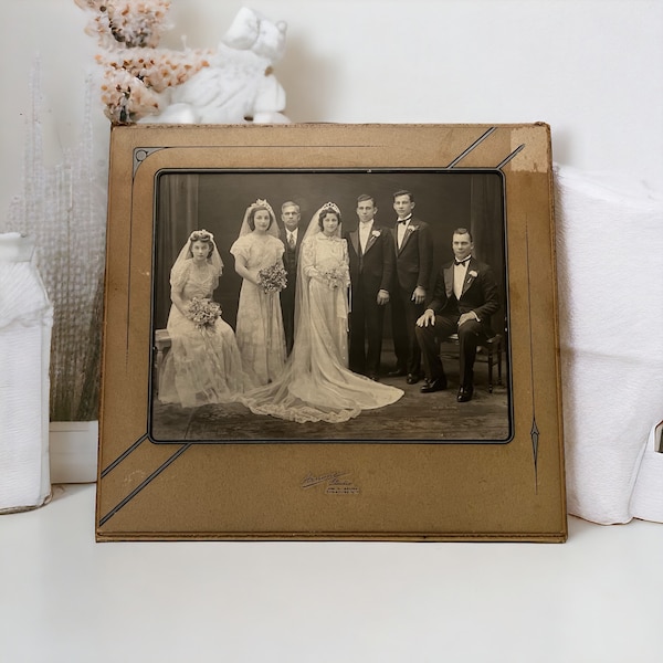 Authentic 1930s Wedding Photograph in Chipboard Mat/ Frame. Retro Wedding Ephemera