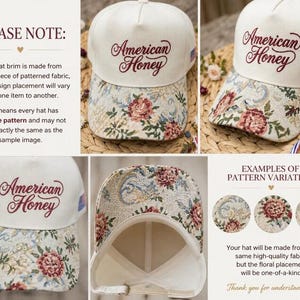 Puede incluir: Gorra de b&eacute;isbol color crema con la inscripci&oacute;n "American Honey" y un peque&ntilde;o parche de la bandera estadounidense. La visera presenta un dise&ntilde;o de tapiz floral con rosas rojas y rosas. El patr&oacute;n del sombrero var&iacute;a.