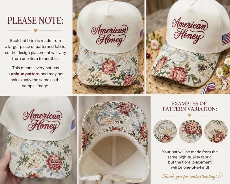 Puede incluir: Gorra de b&eacute;isbol color crema con la inscripci&oacute;n "American Honey" y un peque&ntilde;o parche de la bandera estadounidense. La visera presenta un dise&ntilde;o de tapiz floral con rosas rojas y rosas. El patr&oacute;n del sombrero var&iacute;a.