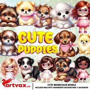 Cute Puppy PNG Bundle | Watercolor Dog Clipart | Baby Dog Sublimation, Dog Lover Stickers, Digital Puppy Art