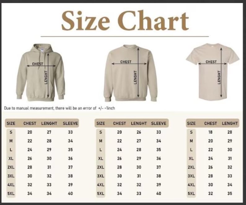 May include: A size chart featuring a beige hoodie, sweatshirt, and t-shirt with arrows indicating chest and length measurements. Three tables provide sizing data for S through 5XL, including chest, length, and sleeve measurements in inches.