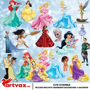 Princess PNG Clipart Bundle | Cute Disney Princess Digital Download | Transparent Backgrounds for Crafts & Parties