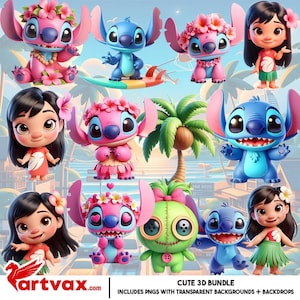 Lilo and Stitch PNG Bundle | Cute 3D Cartoon Clipart, Digital Download, Sublimation Designs for T-Shirts, Kids Party, Baby Shower
