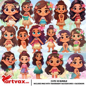 Island Girl PNG Clipart | Moana Style Digital Art | Cute Tropical Girl Bundle | Transparent Background