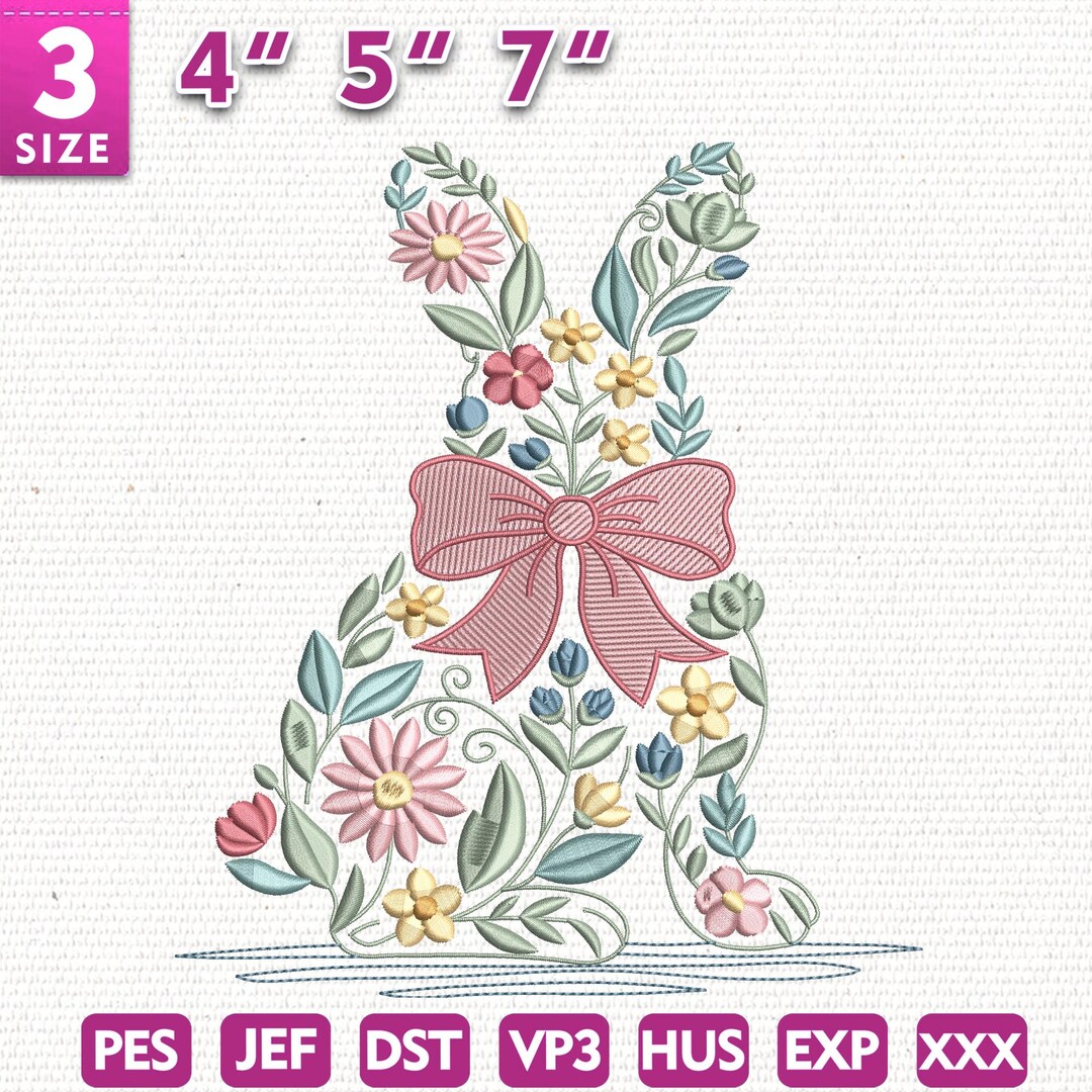 Floral Bunny Embroidery Design, Spring Easter Rabbit Stitch Pattern ...