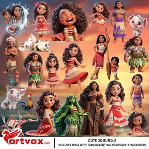 3D-kreunen-clipartbundel | Polynesische prinses, png-bestand | Baby Moana, Maui, Pua en Hei Hei | Illustraties meisje tropisch eiland voor knutselen