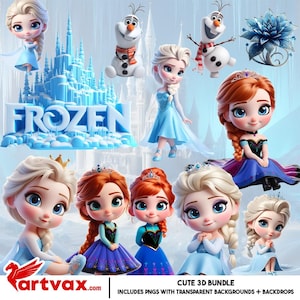 Frozen PNG Bundle | Cute 3D Elsa Anna Olaf Clipart, Transparent Backgrounds, Digital Download for Kids Crafts, Birthday, Sublimation