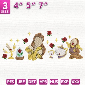 May include: An embroidered design featuring characters and elements from a fairy tale. Includes a princess, a candelabra, a rose in a glass dome, a teapot, a teacup, a clock, red roses, and stars. Sizes available: 3", 4", 5", and 7".