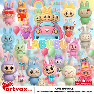 LABUBU PNG Clipart Bundle | Cute 3D Labubu Characters for Sublimation & Crafts | Kawaii Bunny Monster PNG | Transparent Background