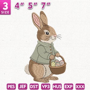Puede incluir: Diseño bordado de un conejo marrón con una chaqueta verde y una cesta de huevos de Pascua. El diseño está disponible en tamaños de 7.6 cm, 10.2 cm, 12.7 cm y 17.8 cm. La imagen también incluye abreviaturas de tipo de archivo: PES, JEF, DST, VP3, HUS, EXP y XXX.