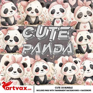 Paquete PNG de panda lindo / Clipart de panda en acuarela / Sublimación de panda bebé floral / Descarga digital / Arte de pared infantil PNG