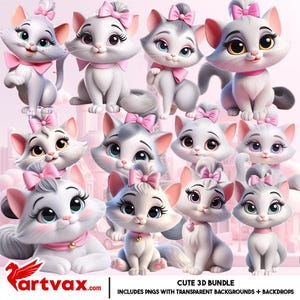 Cute White Cat PNG Bundle | 3D Kitten Clipart with Pink Bows, Digital Pet Sublimation, Transparent Backgrounds, Cartoon Cat Graphics