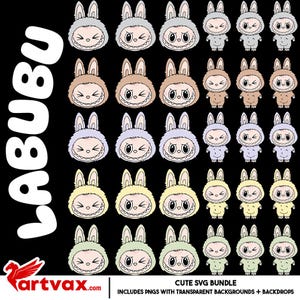 Lot Labubu SVG | Lapin mignon monstre SVG PNG ensemble | Clipart personnage kawaii pour autocollants, travaux manuels et sublimation, les monstres macaron svg