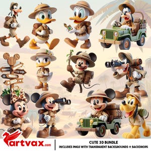 Paquete PNG de Safari / Clipart de Aventura en la Jungla de Mickey en 3D / Safari Donald, Goofy, Minnie, Pluto PNGs / Fondos transparentes, Ratón png