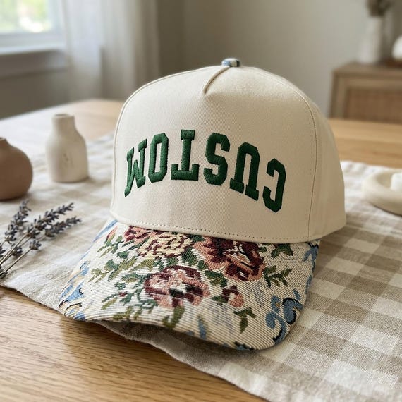 Custom Embroidered Upside Down Text Floral Brim Hat, Retro Tapestry Brim Hat, Personalized Floral Hat For Her, Vintage Cottagecore Hat