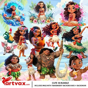 Moana PNG Bundle | Cute Polynesian Princess Clipart | Digital Download for Sublimation, Birthday party, decor art, kids party png