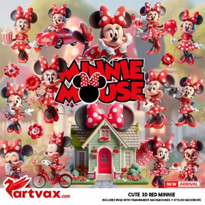 Rote Minnie PNG Maus Bündel | Niedliche 3D Minnie Clipart für Sublimation | Minnie Birthday Girl Digitaler Download