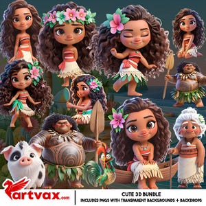 Moana png-bundel | Leuke 3D-illustraties eilandprinses | Digitale Polynesische meisjes-png&#39;s | Maui, Pua, Hei Hei | Transparante achtergrond
