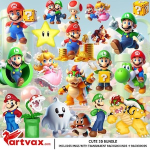 Mario PNG Bundle | Cute Mario and Luigi Clipart Set | Princess Peach, Yoshi, Bowser & Friends | Digital Download PNGs