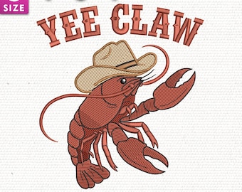 Archivo de bordado Lobster Cowboy, diseño de playa occidental Yee Claw, divertido patrón de puntada de verano, diseño de bordado moderno, descarga instantánea.