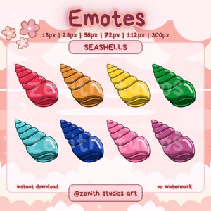 May include: Set of eight seashell emoticons in various colours, including red, orange, yellow, green, blue, and pink. The emoticons are in different sizes, ranging from 18 to 300 pixels.