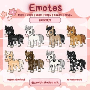Könnte beinhalten: Eine Sammlung von acht Cartoon-Pferde-Emotes in verschiedenen Farben, darunter Schwarz, Weiß, Braun und Beige. Das Wort "Emotes" steht oben, mit Größenoptionen. Das Wort "HORSES" befindet sich in einem rosa Banner. Der Text "instant download" und "no watermark" sind ebenfalls vorhanden.