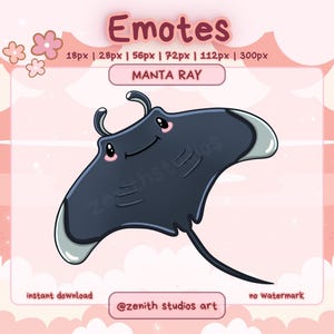 Puede incluir: Ilustración de dibujos animados de una manta raya sonriente, en azul oscuro y gris, sobre un fondo rosa. La imagen incluye el texto "Emotes" y "MANTA RAY".