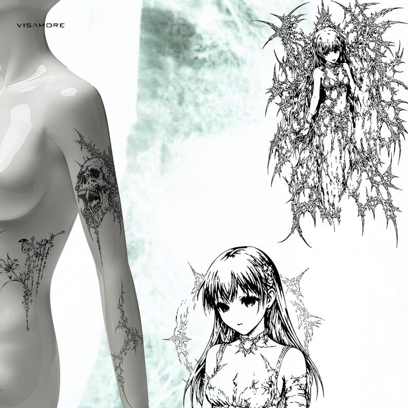 K&ouml;nnte beinhalten: Schwarze und wei&szlig;e tempor&auml;re Tattoos mit gotischen und Anime-Motiven. Die Designs umfassen einen Sch&auml;del, florale Muster und Anime-Charaktere. Die Tattoos werden auf einer Schaufensterpuppe und einem wei&szlig;en Hintergrund gezeigt.