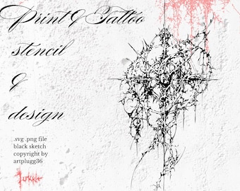 May include: Black and white tattoo stencil design of a thorny cross with the text "Print & Tattoo stencil & design" and "svg.png file black sketch copyright by artplugg36"